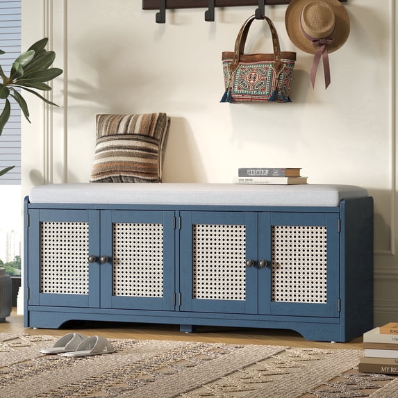 2-Tier Storage Bench Cabinet, 47" Entryway Shoe Bench with Cushion, Wood Shoe Organizer with Adjustable Shelves, Rattan Doors, for Living Room,Hallway