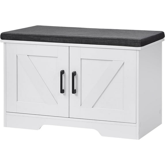 2-Tier Storage Bench, Shoe Bench with Padded Seat Cushion, Entryway Bench with 2 Barn Doors, Adjustable Shelf, 13.8" D x 27.6" W x 17.7" H, for Entryway, Living Room, Bedroom, White