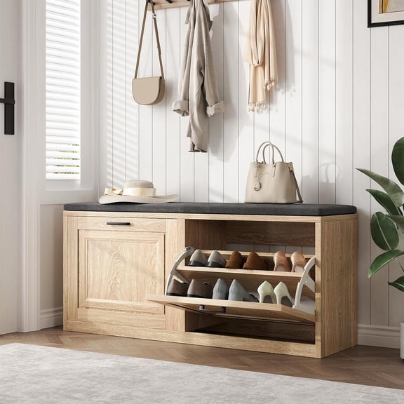 2-Tier Storage Bench with Thickened Padded Seat & 2 Barn Doors, Adjustable Shelf, Spacious Hidden Storage for 8-10 Pairs Shoes, Entryway Shoe Bench for Mudroom, Hallway, Living Room, Wood