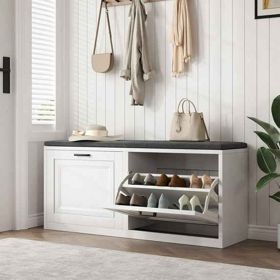 2-Tier Storage Bench with Thickened Padded Seat & 2 Barn Doors, Adjustable Shelf, Spacious Hidden Storage for 8-10 Pairs Shoes, Entryway Shoe Bench for Mudroom, Hallway, Living Room, White