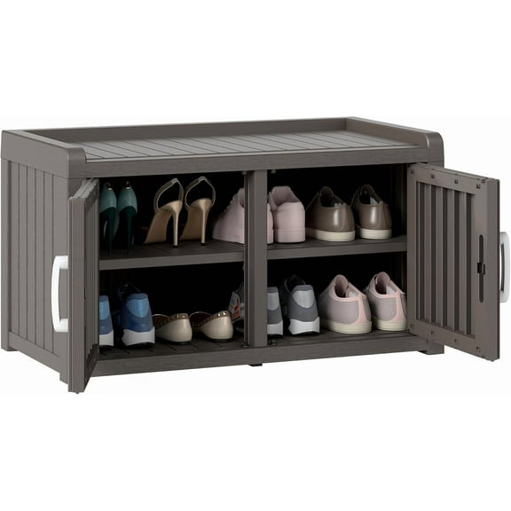 2-Tier Storage Bench, Waterproof UV-Resistant Outdoor Shoe Storage Cabinet with 2 Doors & Adjustable Shelves for Indoor Outdoor Entryway, Hallway, Living Room (Grey)