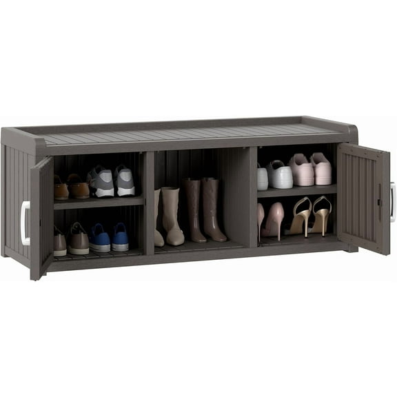 2-Tier Storage Bench, Waterproof UV-Resistant Outdoor Shoe Storage Cabinet with 2 Doors & Adjustable Shelves for Indoor Outdoor Entryway, Hallway, Living Room(Grey)