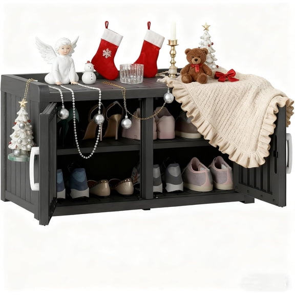 2-Tier Storage Bench, Waterproof UV-Resistant Outdoor Shoe Storage Cabinet with 2 Doors & Adjustable Shelves for Indoor Outdoor Entryway, Hallway, Living Room (Midnight Black)