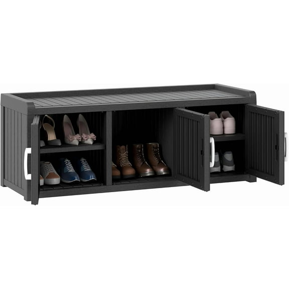 2-Tier Storage Bench, Waterproof UV-Resistant Outdoor Shoe Storage Cabinet with 3 Doors & Adjustable Shelves for Indoor Outdoor Entryway, Hallway, Living Room (Black)