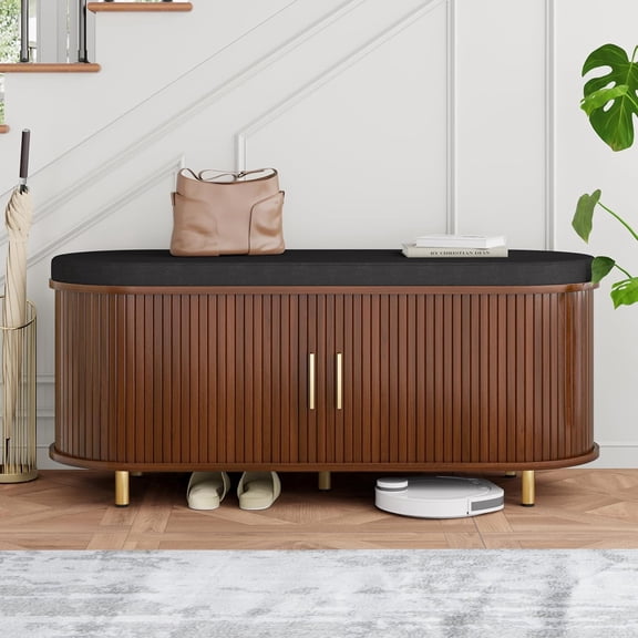 2-Tier Storage Bench,Wide Shoe Bench with Thickened Padded Seat Cushion, Mid Century Modern Fluted Sliding Door and Adjustable Shelf, for Entryway, Living Room, Bedroom (Walnut, 43.3“)