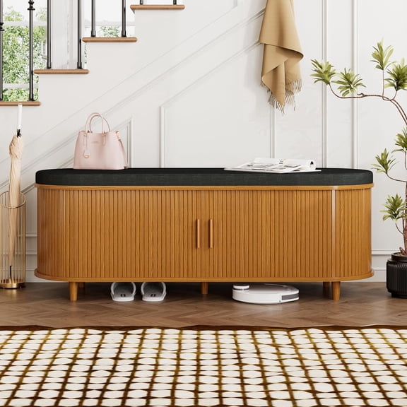 2-Tier Storage Bench,Wide Shoe Bench with Thickened Padded Seat Cushion, Mid Century Modern Fluted Sliding Door and Adjustable Shelf, for Entryway, Living Room, Bedroom (Yellow Walnut, 51.2”)