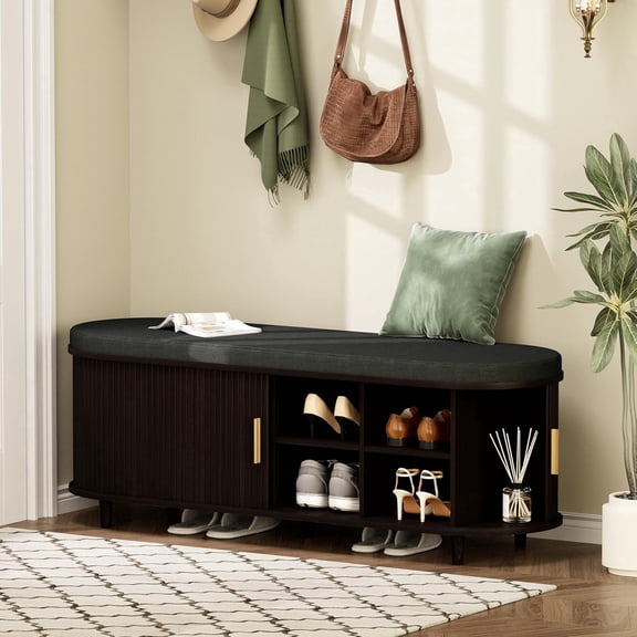 2-Tier Storage Bench,Wide Shoe Bench with Thickened Padded Seat Cushion, Mid Century Modern Fluted Sliding Door and Adjustable Shelf, for Entryway, Living Room, Bedroom (Dark Walnut, 51.2”)