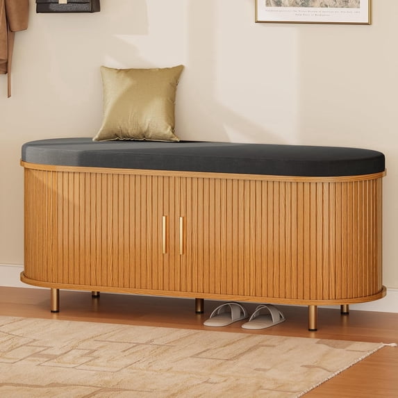 2-Tier Storage Bench,Wide Shoe Bench with Thickened Padded Seat Cushion, Mid Century Modern Fluted Sliding Door and Adjustable Shelf, for Entryway, Living Room, Bedroom (Yellow Walnut, 43.3“)