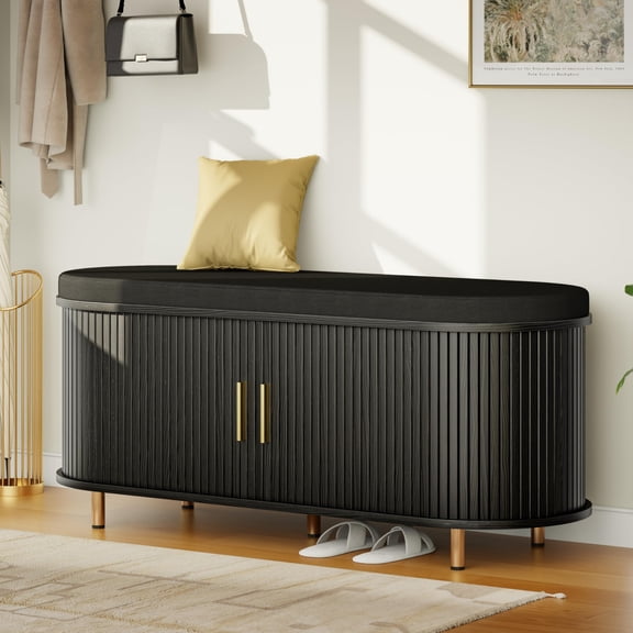 2-Tier Storage Bench with Cushion, 43“ Wide Shoe Bench with Fluted Sliding Door & Adjustable Shelf, Entryway Shoe Rack, Black