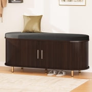 2-Tier Storage Bench with Cushion, 43  Wide Shoe Bench with Fluted Sliding Door & Adjustable Shelf, Entryway Shoe Rack, Coffee