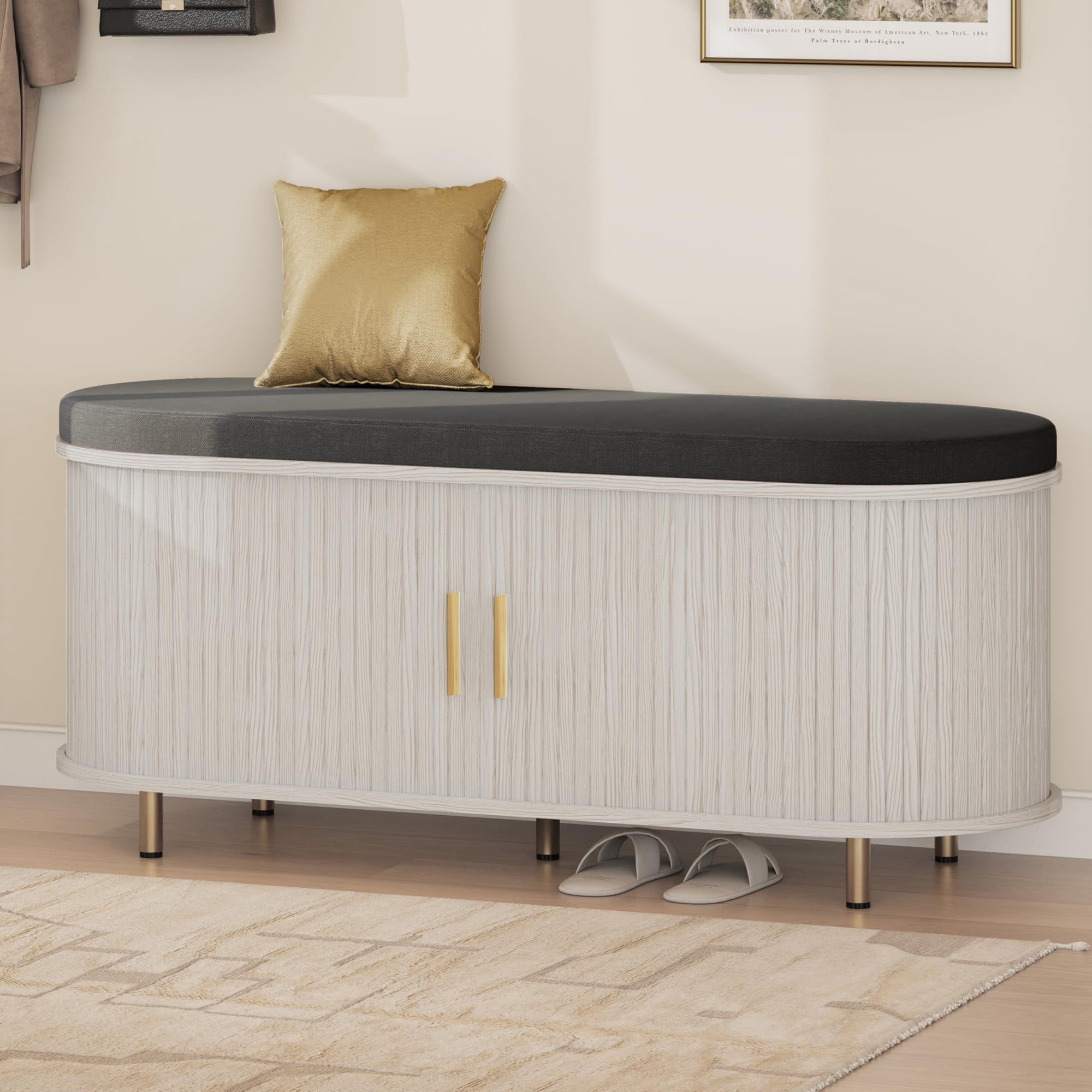 2-Tier Storage Bench with Cushion, 43“ Wide Shoe Bench with Fluted Sliding Door & Adjustable Shelf, Entryway Shoe Rack, White