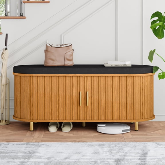 2-Tier Storage Bench with Cushion, 43“ Wide Shoe Bench with Fluted Sliding Door & Adjustable Shelf, Entryway Shoe Rack, Yellow