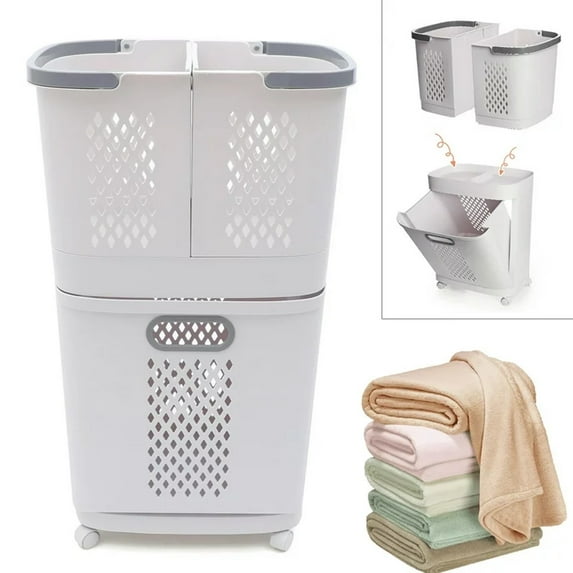 2-Tier Storage Cart with Wheel Bathroom Movable Laundry Basket, Laundry Sorter Hamper Rolling Floor-Standing Clothes Storage Basket W/Wheels, Dirty Clothes Basket for Bedroom Bathroom Dorm