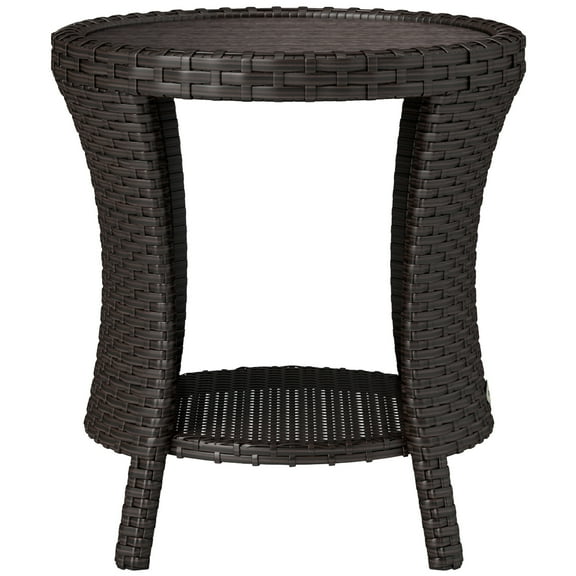 2-Tier Storage Round PE Rattan Composite Wood Coffee Table, Mixed Brown