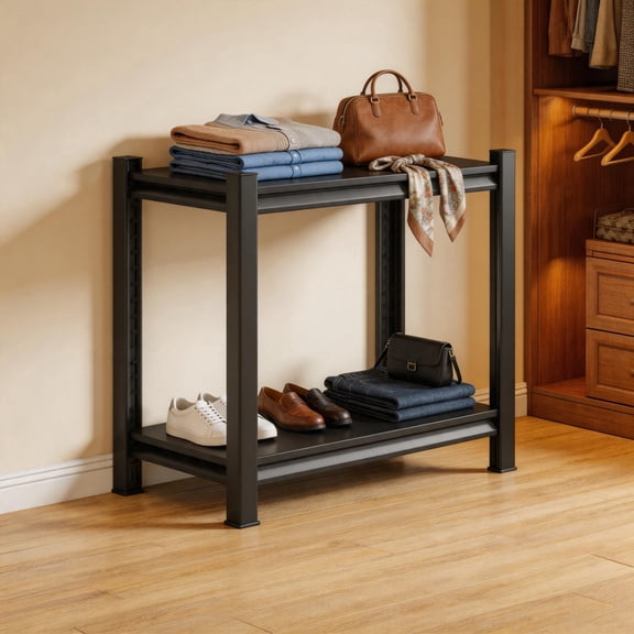 2-Tier Storage Shelves, Black Metal Shelving, 14''W×12''D×22''H, 500 lb, Heavy Duty, Industrial Organizer Rack for Office Printer Stand, Plant Shelf, Sofa Side Table, Bedroom Nightstand