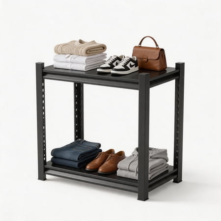 2-Tier Storage Shelves, Metal Shelving Unit, Storage Rack, 14''W*12''D*22''H,500 lb, Heavy Duty, Upgraded Reinforced Double-Layer Columns for Kitchen Bedroom, Bookshelf, Living room,Black