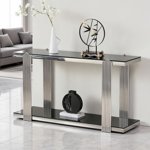 2-Tier Storage Tempered Glass Shelf Console Table, Two-Tone Entryway Display Table, Accent Mirrored Sofa Table for Living Room/Hotel