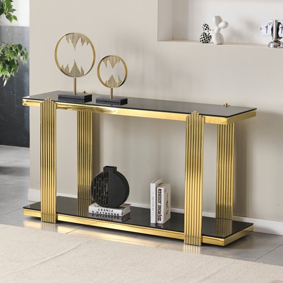 2-Tier Storage Tempered Glass Shelf Console Table, Two-Tone Entryway Display Table, Accent Mirrored Sofa Table for Living Room/Hotel