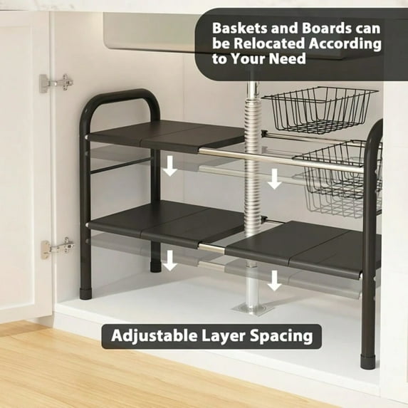 2-Tier Stretchable Under Sink Organizer - Carbon Steel Black, Detachable Panels & Baskets, For Kitchen Bathroom Cabinet Countertop Space Maximization
