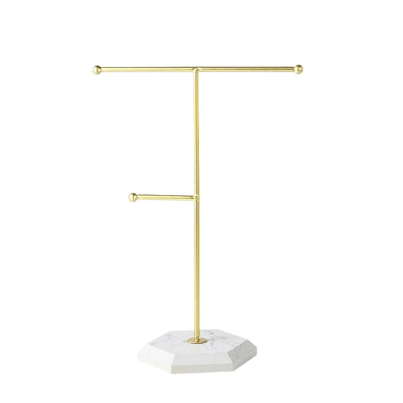 2-Tier T-Bar Display with Metal Tray, Holds Necklaces Bracelets Earrings, Countertop Jewelry Tree for Bracelet Necklace Earrings Rings Watches