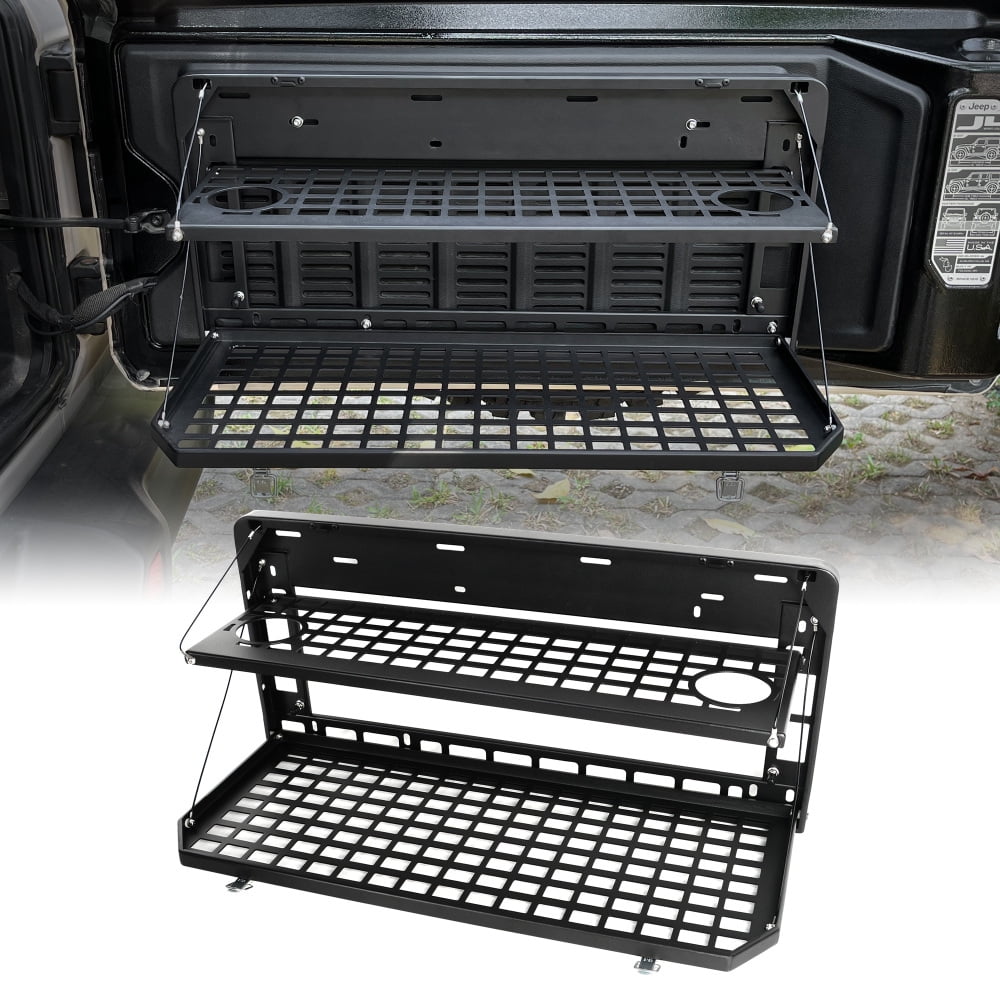 2-Tier Tailgate Table Rear Foldable Storage Cargo Rack Outdoor Camping Desk Fits for 2007-2022 Jeep Wrangler JK&JL 4 Door (Not Fit JK Models with Stock Subwoofer)