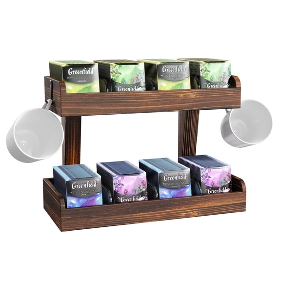 2 Tier Tea Bag Organizer for Counter, Wooden Teabag Holder with Adjustable Partitions and 2 Hooks, BEGULF Tea Bag Storage Organizer Rack for Office, Kitchen, Cabinet, Pantry