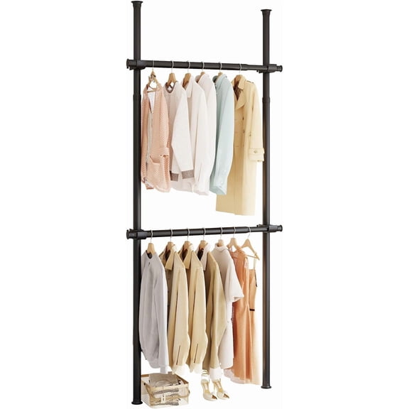 2 Tier Telescopic Clothes Rack, Floor Standing Heavy Duty Industrial Pipe Clothing Rack, Clothing Hanger Telescopic Rod for Hanging Clothes Adjustable Lengths, Floor Ceiling Laundry Drying Rack