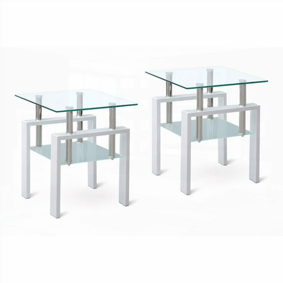 2-Tier Tempered Clear Glass Side Table with Storage for Living Room