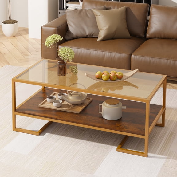 2 Tier Tempered Glass Coffee Table, Rectangle Modern Center Table with Metal Frame, Glass Accent Table Open Storage Shelf for Living Room, Office, Brown