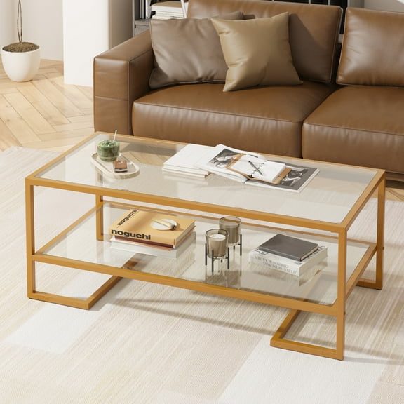 2 Tier Tempered Glass Coffee Table, Rectangle Modern Center Table with Metal Frame, Glass Accent Table Open Storage Shelf for Living Room, Office, Golden