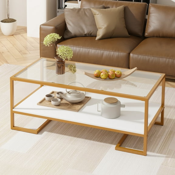 2 Tier Tempered Glass Coffee Table, Rectangle Modern Center Table with Metal Frame, Glass Accent Table Open Storage Shelf for Living Room, Office, White