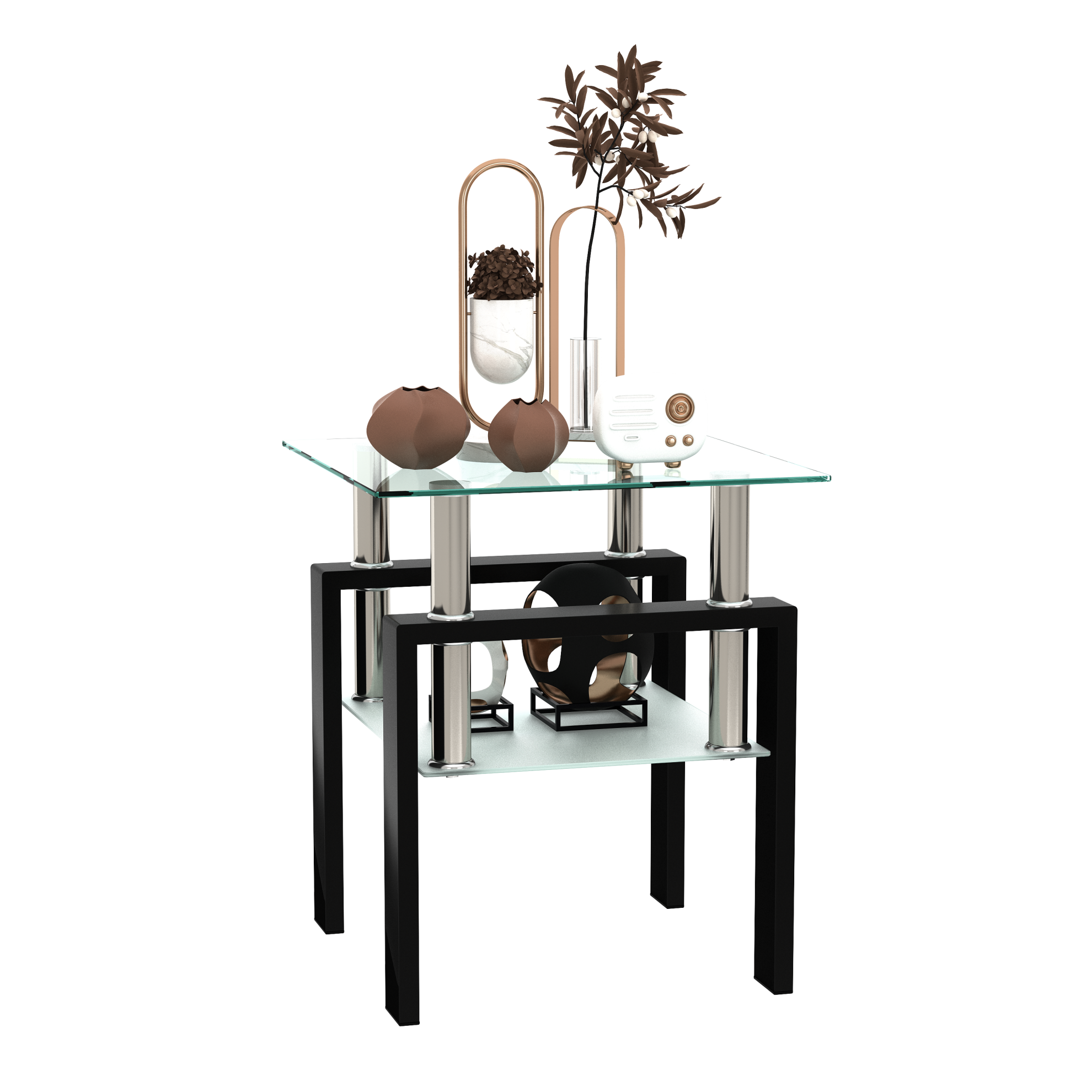 2Tier Tempered Glass End Table with Open Storage Shelf, Modern Sofa