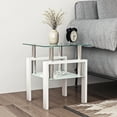 thumbnail image 1 of 2-Tier Tempered Glass End Table with Open Storage Shelf, Modern Sofa Side Table with Steel Pipe and Metal Legs, Square Tea Table, Glass Nightstand for Living Room Bedroom Office, White, 1 of 7