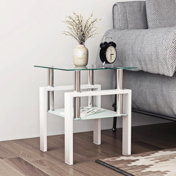 2-Tier Tempered Glass End Table with Open Storage Shelf, Modern Sofa Side Table with Steel Pipe and Metal Legs, Square Tea Table, Glass Nightstand for Living Room Bedroom Office, White