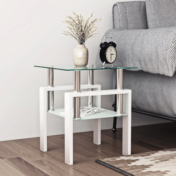 2-Tier Tempered Glass End Table with Open Storage Shelf, Modern Sofa Side Table with Steel Pipe and Metal Legs, Square Tea Table, Glass Nightstand for Living Room Bedroom Office, White