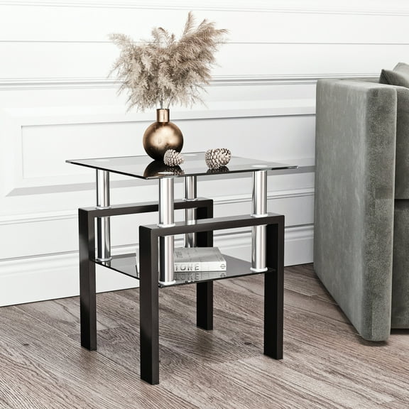 2-Tier Tempered Glass End Table with Open Storage Shelf, Modern Sofa Side Table with Steel Pipe and Metal Legs, Square Tea Table, Glass Nightstand for Living Room Bedroom Office, Black