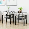thumbnail image 1 of 2-Tier Tempered Glass End Table Set of 2, Modern Sofa Side Table with Open Storage Shelf, Steel Pipe and Metal Legs, Square Tea Table, Glass Nightstand for Living Room Bedroom Office, Black, 1 of 9