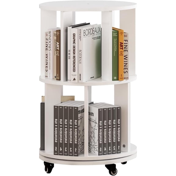 2 Tier Tier Rotating Bookshelf Tower, Spinning Bookshelf with Wheels, 360 Revolving Round Bookcase Storage Rack, Vertical Rotate Turning Spiral Corner Book Shelf Organizer for Kids Room