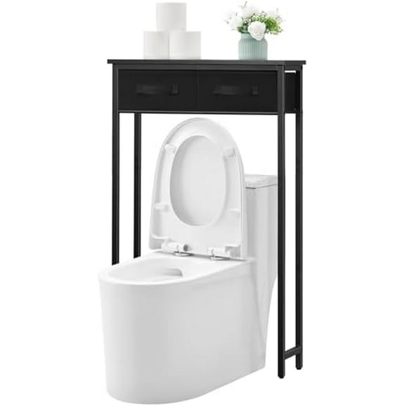 2-Tier Over The Toilet Storage with 2 Fabric Drawers, Freestanding Above The Toilet Storage Cabinet, Space Saver Metal Over Toilet Bathroom Organizer Shelf for Small Space, Black