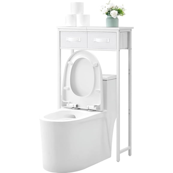 2-Tier Over The Toilet Storage with 2 Fabric Drawers, Freestanding Above The Toilet Storage Cabinet, Space Saver Metal Over Toilet Bathroom Organizer Shelf for Small Space, White