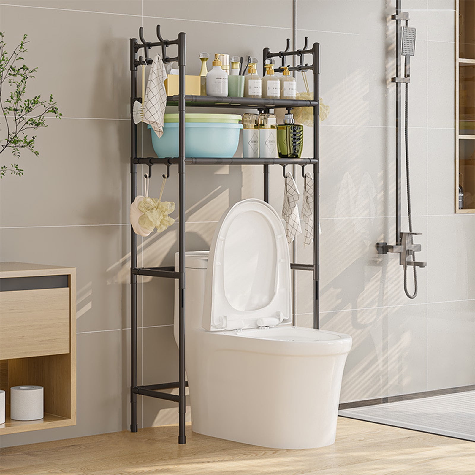 2-Tier Over The Toilet Storage, Space Saver Over Toilet Bathroom Organizer with Paper Holder, Freestanding Metal Over Toilet Shelf Rack with 8 Hooks, Above The Toilet Shelf for Bathroom Storage