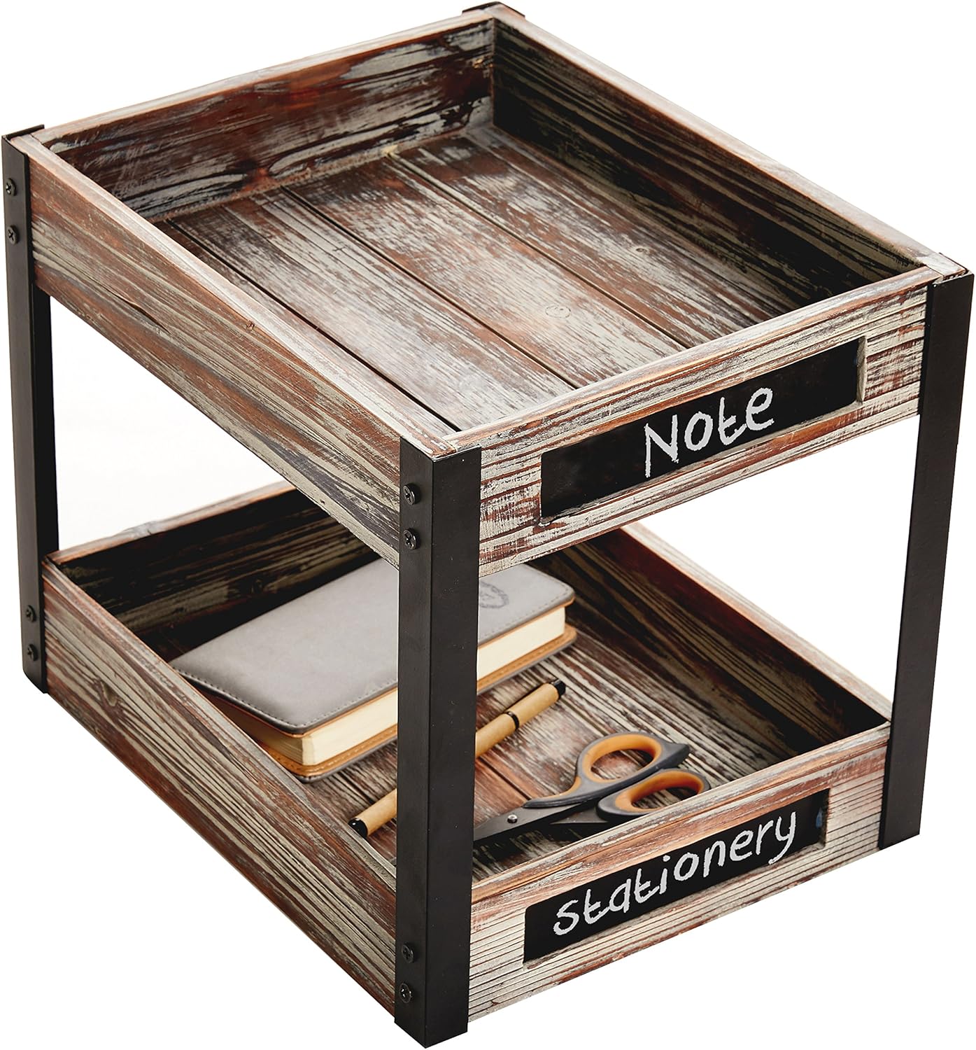 2 Tier Torched Wood Desktop Document Letter Paper Tray with Metal Legs