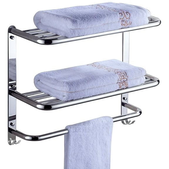 2-Tier Towel Rack Floating Shelf with Towel Bar, Wall Mount, Mounting Hardware Included (Silver Color)