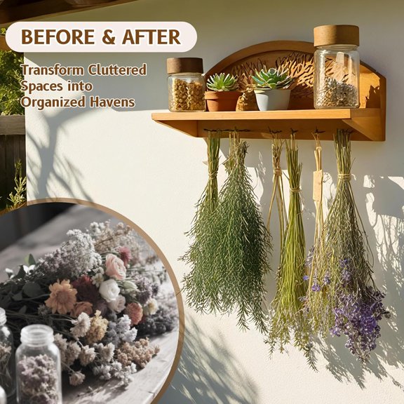 2-Tier Tree Design Wall Mounted Herb Drying Rack, Complete 31-Piece Wooden Floating Shelf and Metal Spice Organizer, Space Saving Hanging Plant Hammock for Gardeners and Kitchen Decor