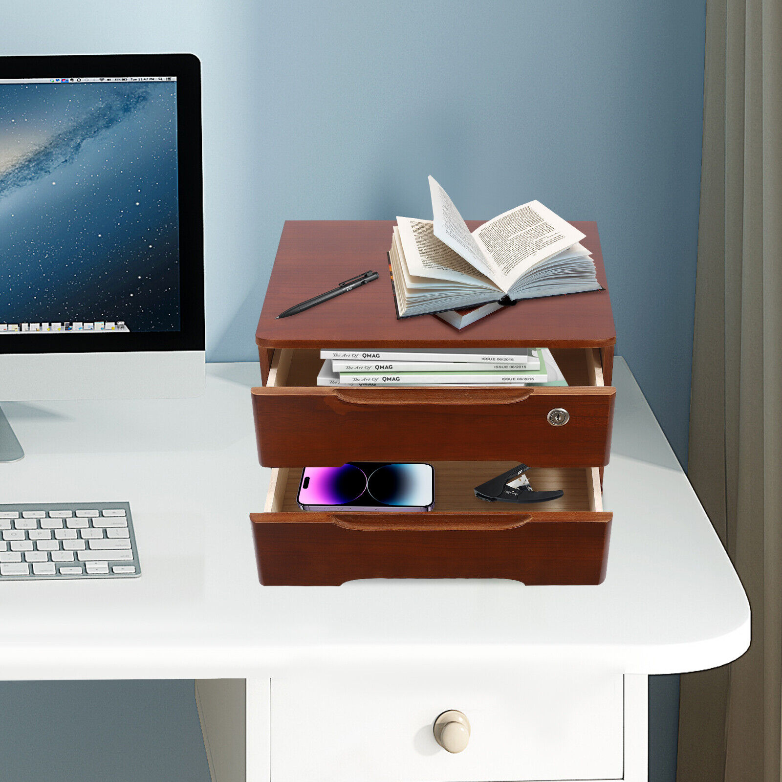2-Tier Tung Wood Desk Organizer Storage Box with Lockable Drawers for ...