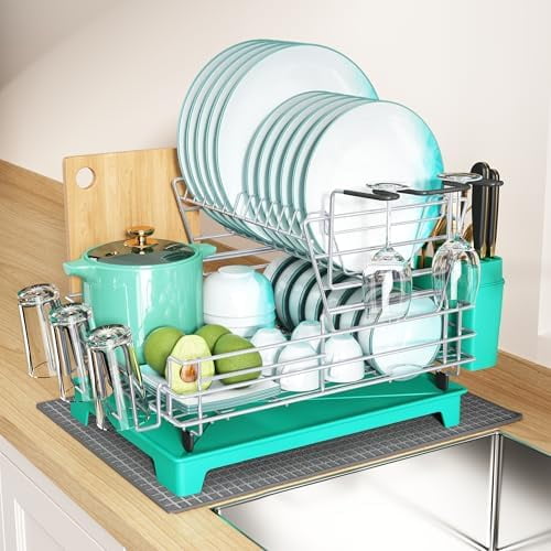 2 Tier Turquoise Large Stainless Steel Dish Drainers Drying Rack for Kitchen Counter with Drainboard, Rust Proof Metal, Space Saving, Modern Aesthetic, Compact Plates Strainers with Extra Mat
