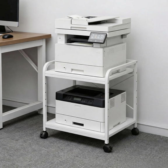 2 Tier Under Desk Printer Stand with Storage, 20" Deep Printer Table with Height Adjustable Shelf, Rolling Printer Cart with Wheels for Home Office