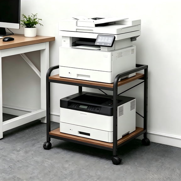 2 Tier Under Desk Printer Stand with Storage, 20" Deep Printer Table with Height Adjustable Shelf, Rolling Printer Cart with Wheels for Home Office