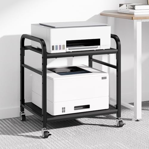 2 Tier Under Desk Printer Stand with Storage, 22" Rolling Printer Cart with Lockable Wheels, Height Adjustable Shelf for Home Office, Black$$Office