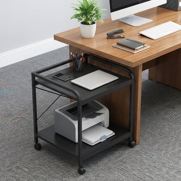 2 Tier Under Desk Rolling Printer Stand with Storage, 20in Deep Height Adjustable Shelf Mobile Printer Cart with Lockable Wheels for Home Office